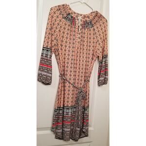 PerSeption Concept Multicolor 3/4 Sleeve Dress Tie Neckline W/Smocking - Size M